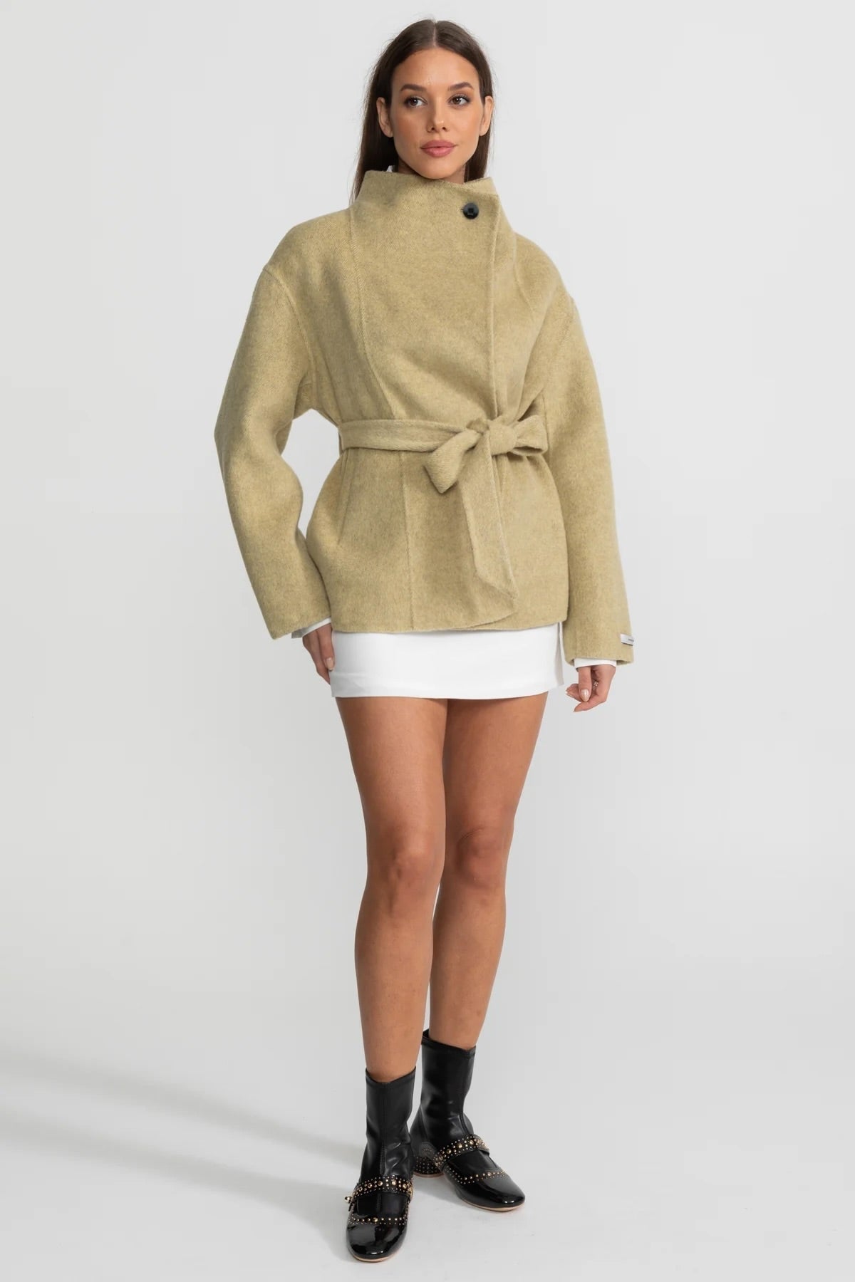 Belted Wool Blend Mini Coat with High Neck and Wide Sleeves – Beige – view 2