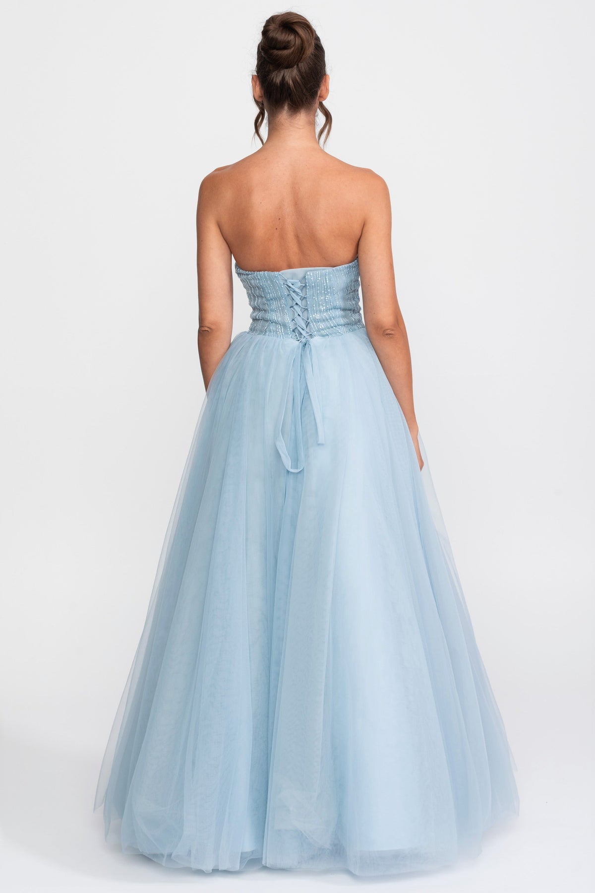 Strapless Sweetheart Tulle Ball Gown with Sequin Embellishment – Light Blue – view 4