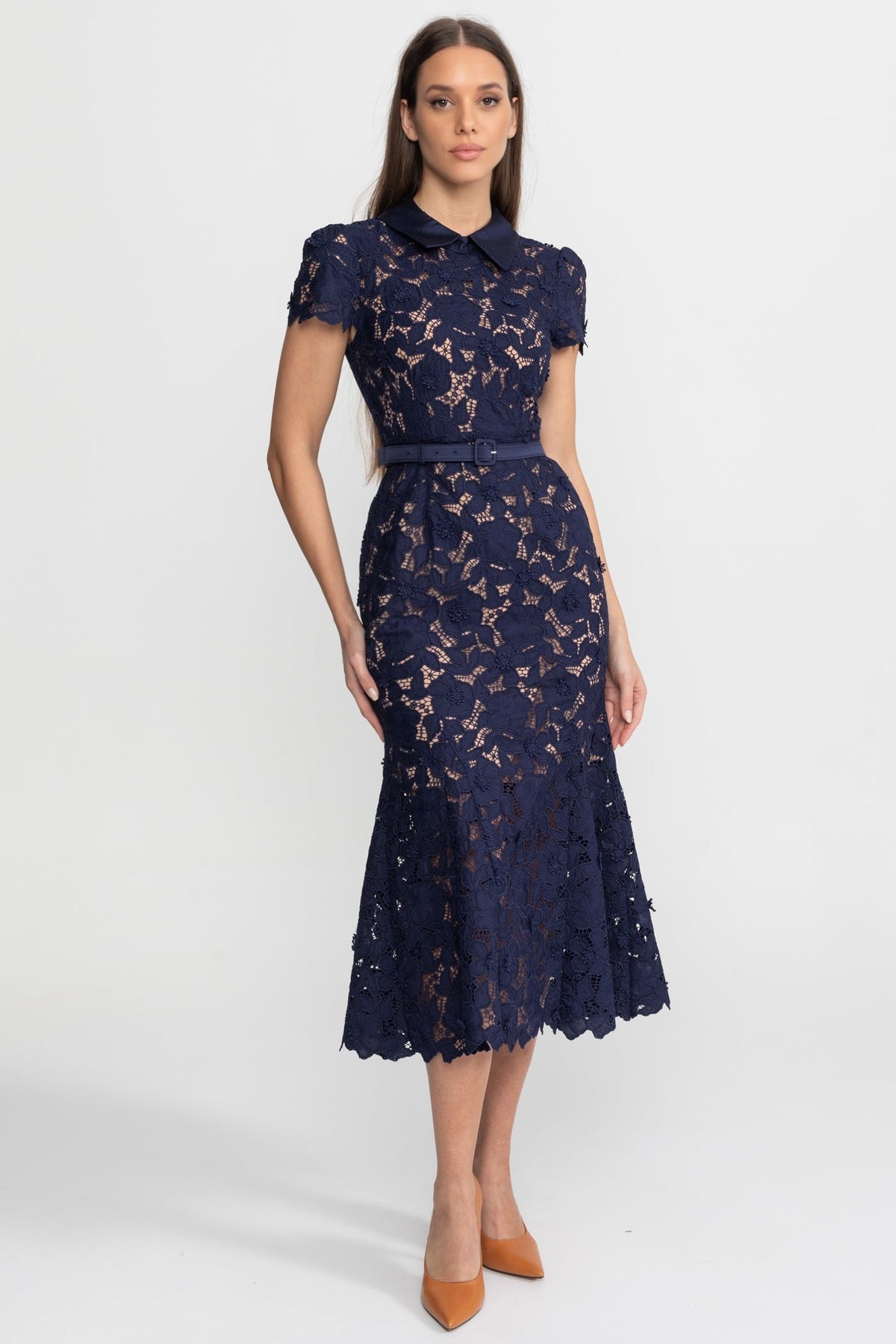 Lace Short Sleeve Midi Dress with Satin Collar and Belted Waist – Navy