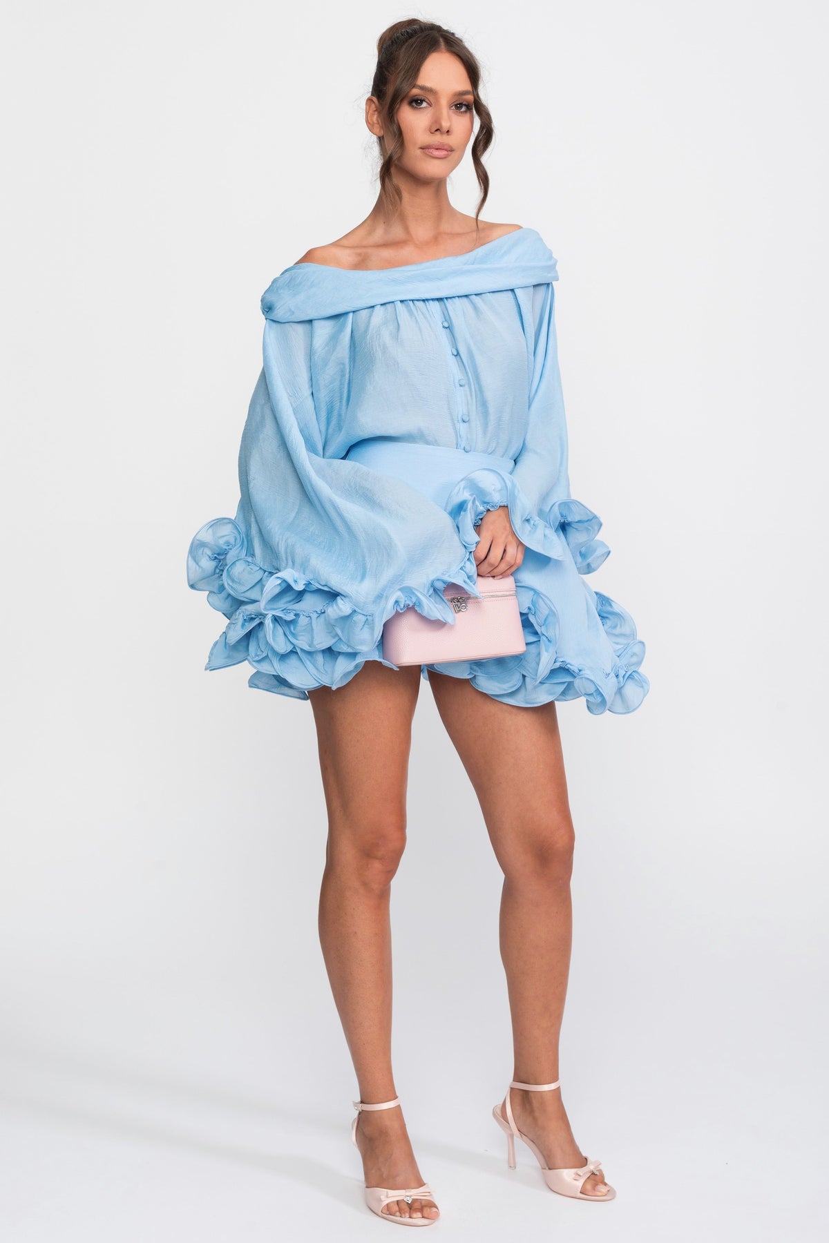 Off-Shoulder Balloon Sleeve Shirt and Mini Skort Co-ord Set – Light Blue – view 3
