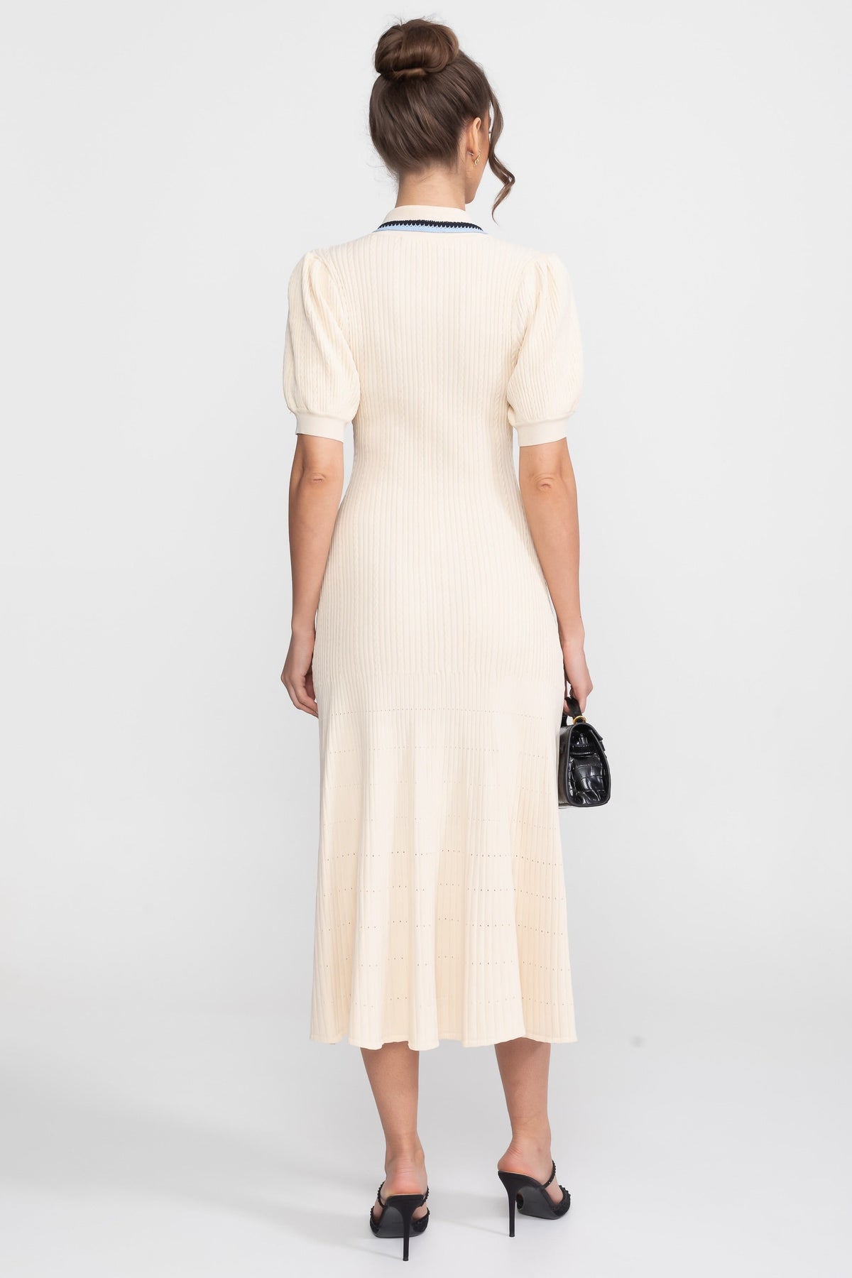 Ribbed Knit Polo Collar Puff Sleeve Midi Dress with Monogram Pocket – Cream – view 5