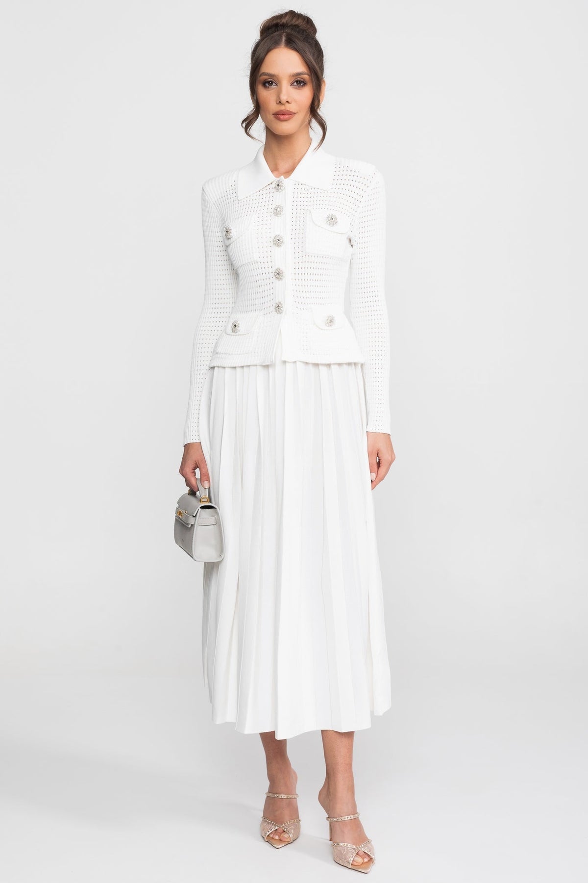 Open-Knit Polo Collar Button-Through Dress with Pleated Midi Skirt – White