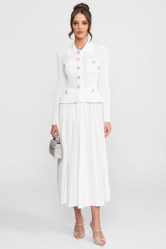 Open-Knit Polo Collar Button-Through Dress with Pleated Midi Skirt – White