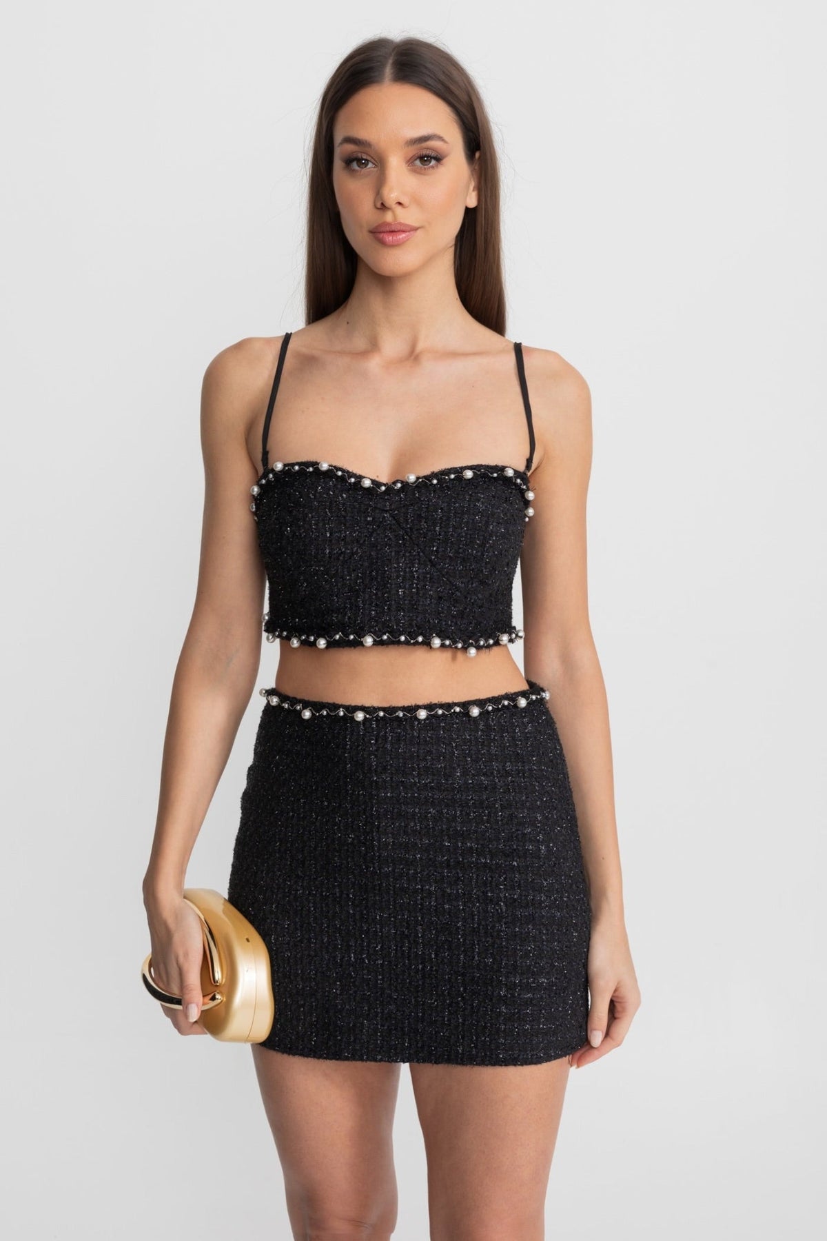 Pearl Trim Tweed Bustier Top and Mini Skirt Co-ord Set – Black – view 2
