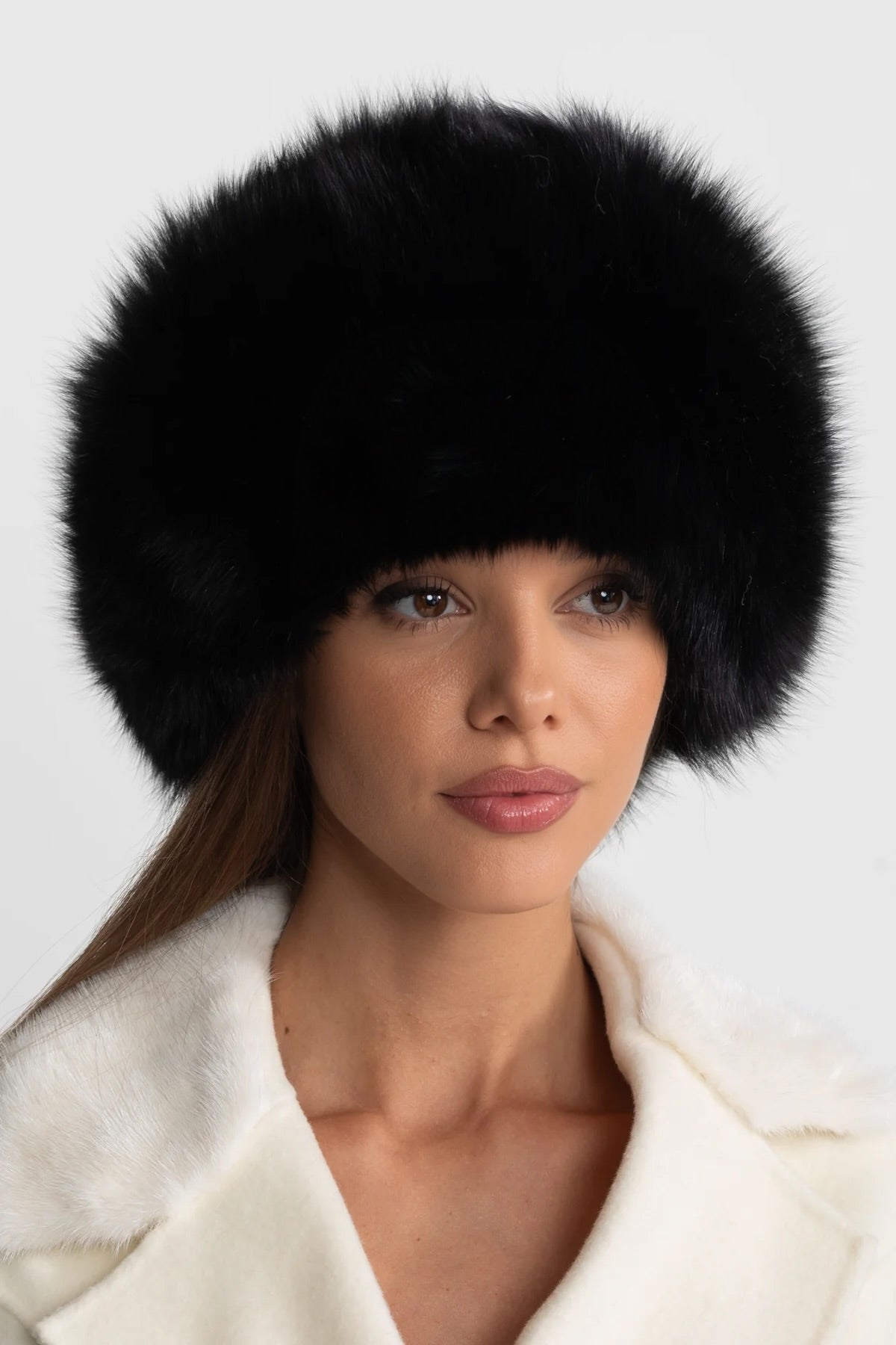 Vegan Leather Hat with Plush Trim and Pom-Pom Ties – Black