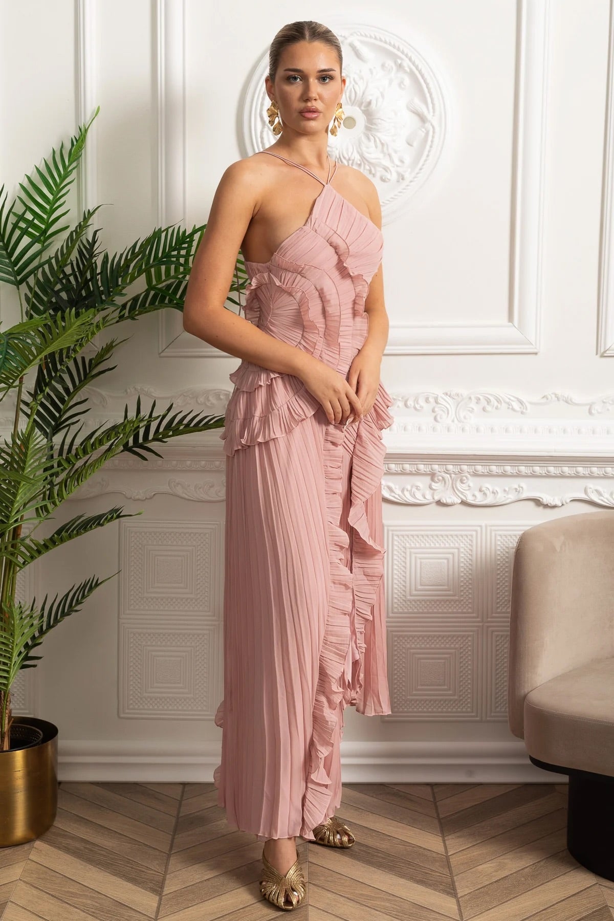 Accordion Pleated Halter Midi Dress with Cascading Ruffles – Pink – view 6
