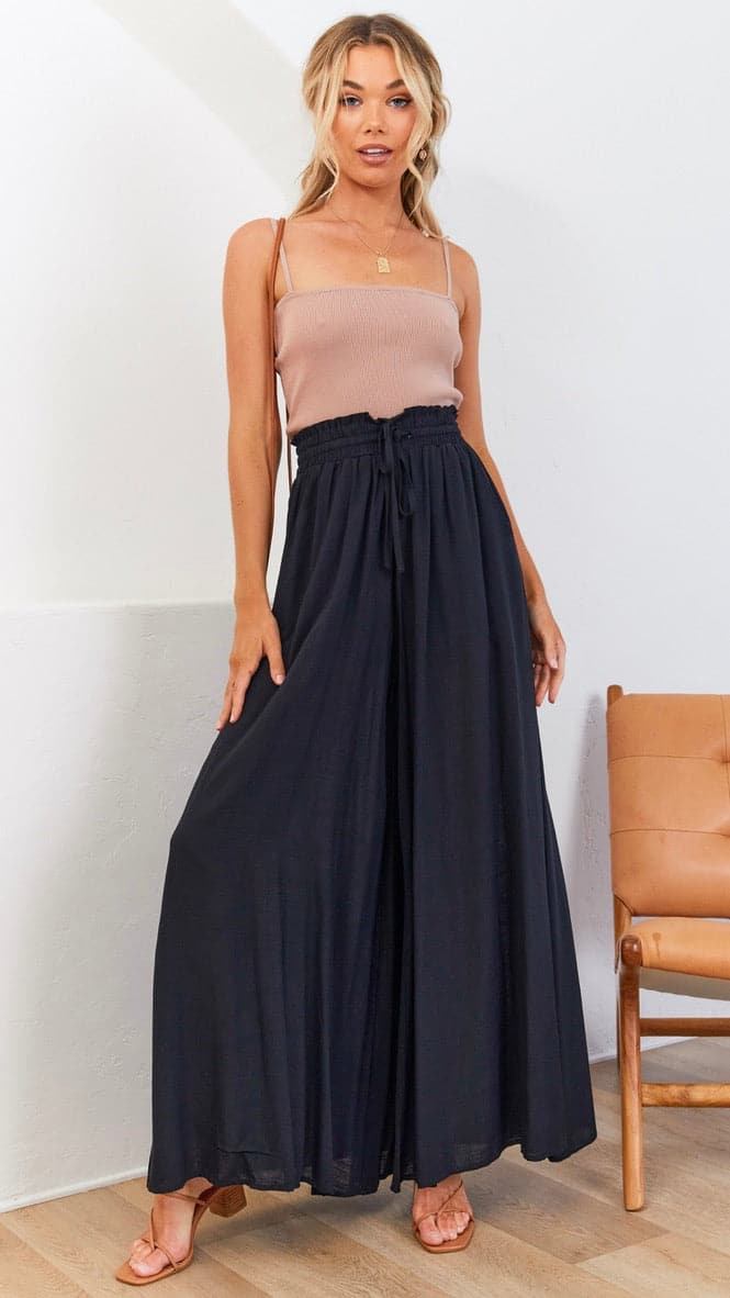 Avery Wide Leg Drawstring Waist Rayon Trousers – Black – view 3
