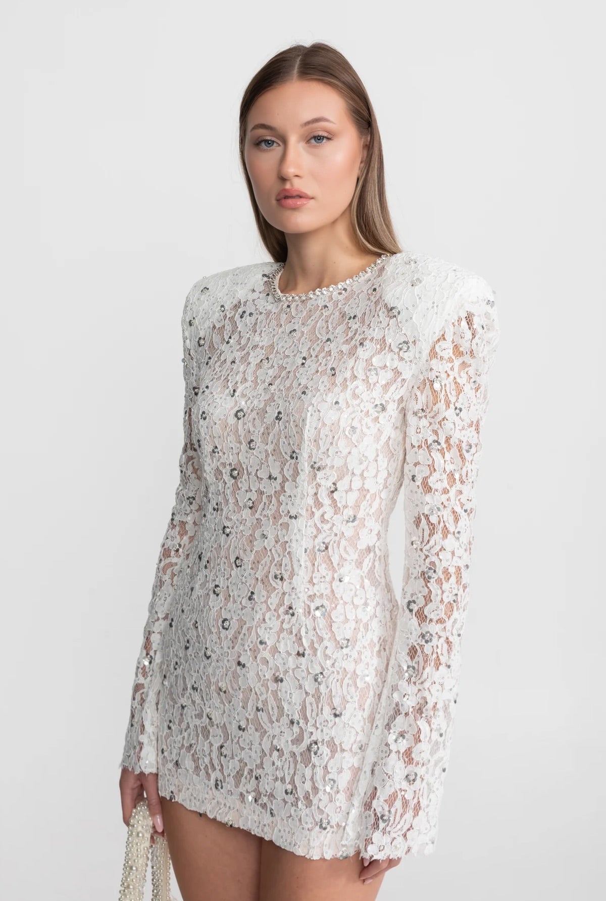 Long Sleeve Sequin Lace Mini Dress with Structured Shoulders – White – view 5