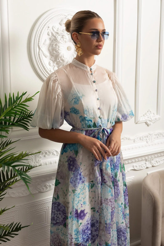 Sheer Botanical Print Puff Sleeve Midi Shirt Dress – White/Blue – view 2