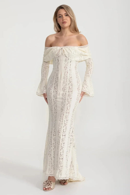 Off-Shoulder Floral Lace Gown with Long Flared Sleeves – Ivory