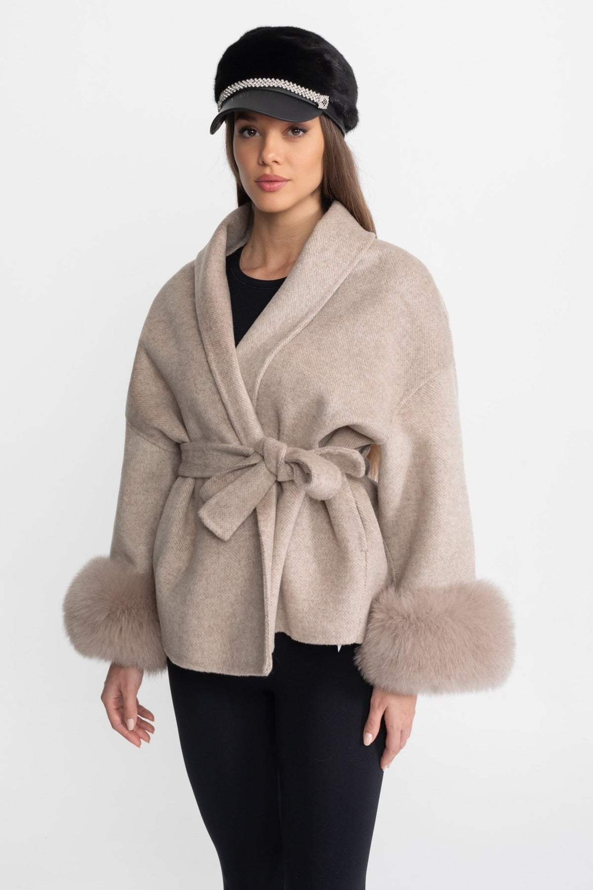 Wool Blend Wrap Jacket with Plush Cuffs – Beige – view 3