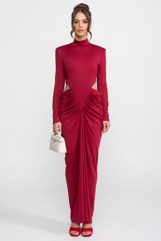 High Neck Long Sleeve Jersey Maxi Dress with Cut-Out Waist – Red