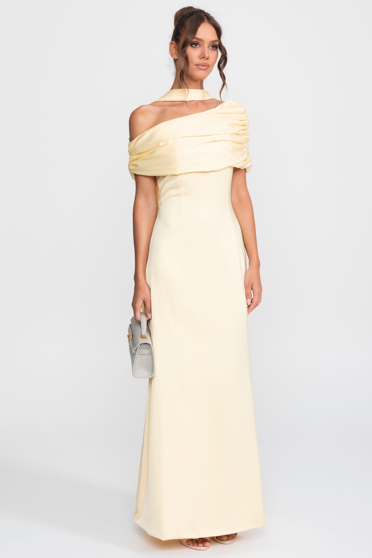 One-Shoulder Draped Satin Maxi Gown with Ruched Wrap Collar – Yellow – view 4