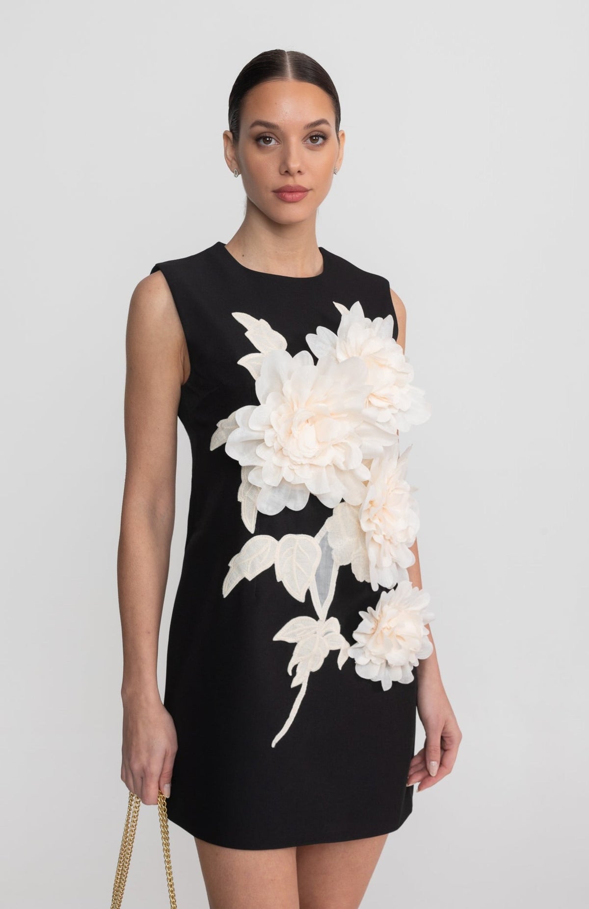 Round Neck 3D Floral Appliqué Mini Dress with Wide Straps – Black – view 1