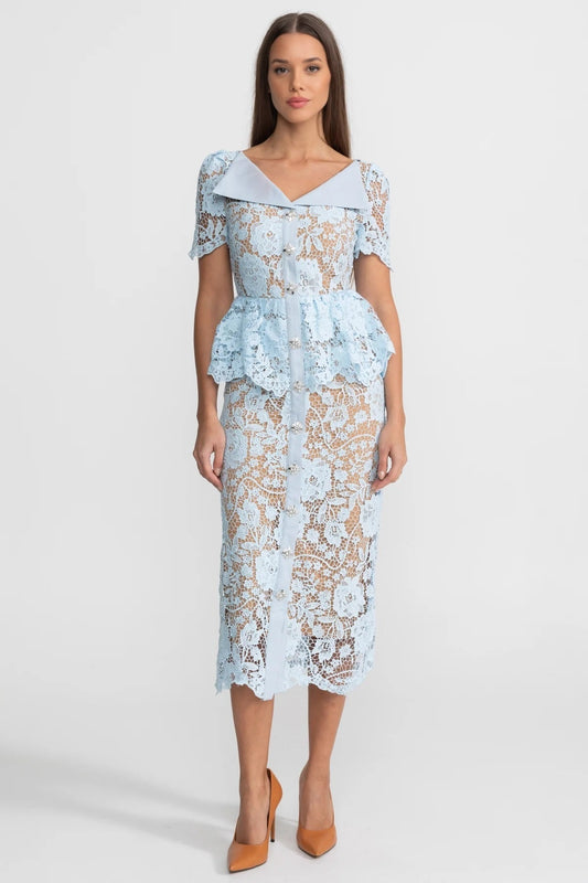Lace Puff Sleeve Midi Dress with Peplum Waist and Satin Collar – Baby Blue