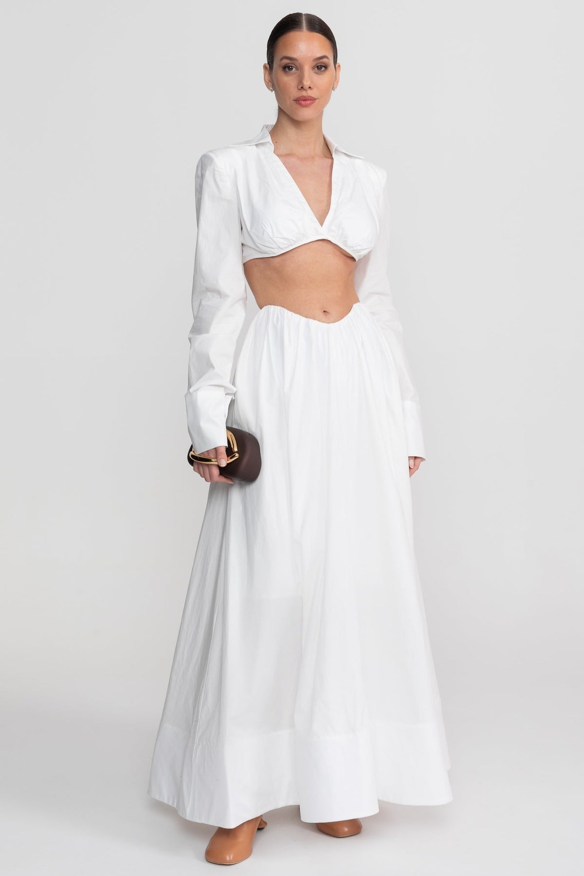 Cropped Deep V Long Sleeve Top and A-Line Maxi Skirt Co-ord Set – White – view 3