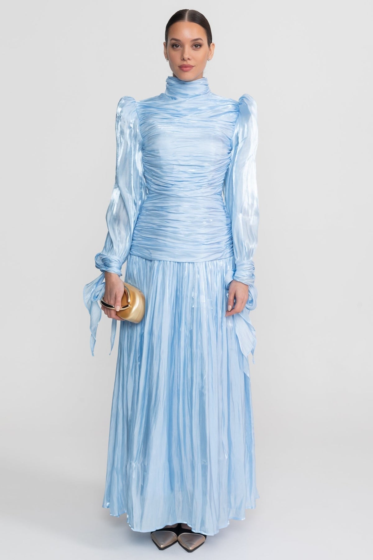 Ruched Mock Neck Long Sleeve Maxi Dress with Pleated Skirt – Sky Blue – view 1