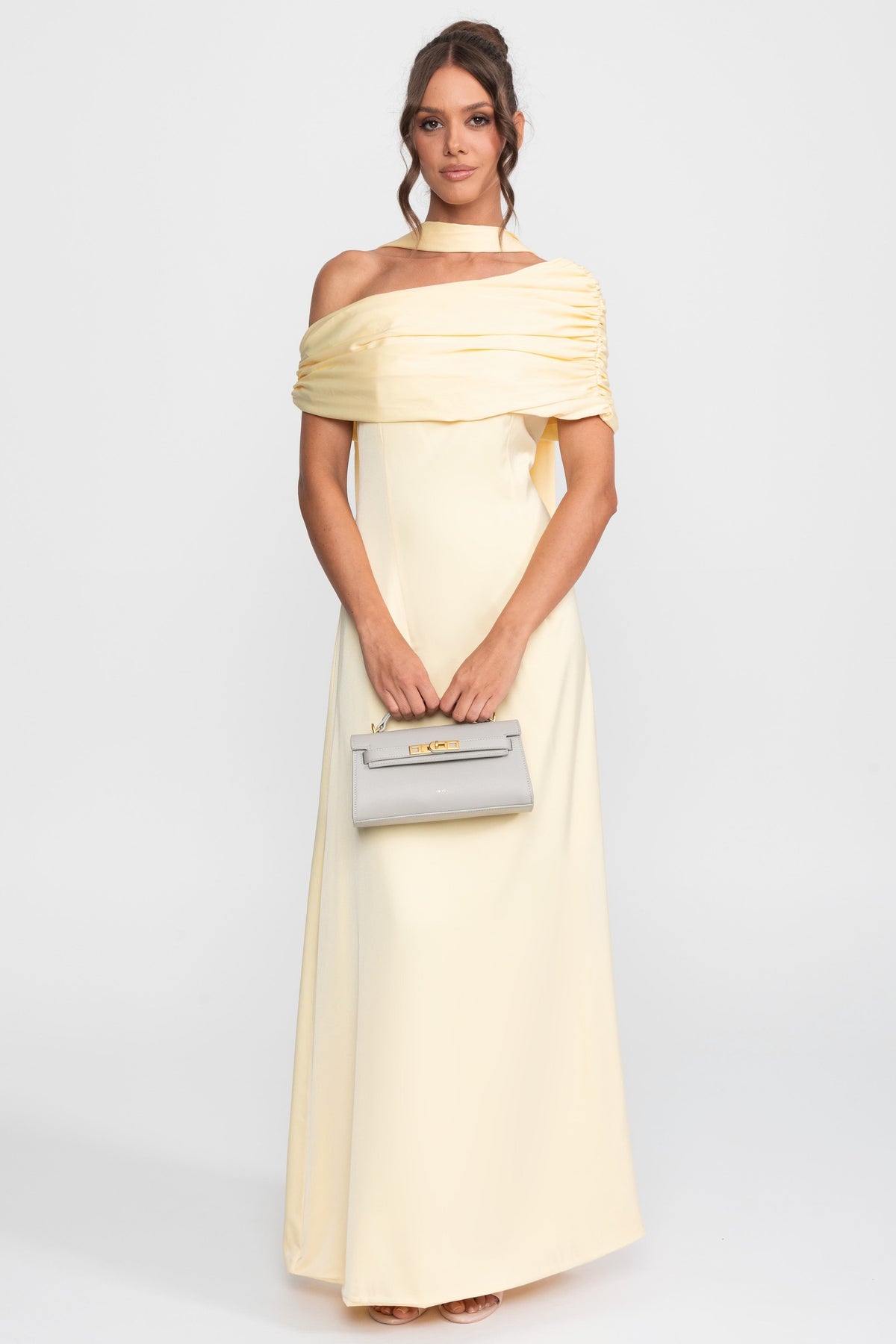 One-Shoulder Draped Satin Maxi Gown with Ruched Wrap Collar – Yellow – view 1