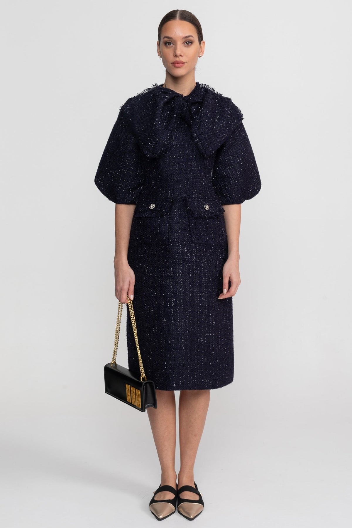 Tweed Midi Dress with Oversized Bow Neck and Puff Sleeves – Navy – view 3