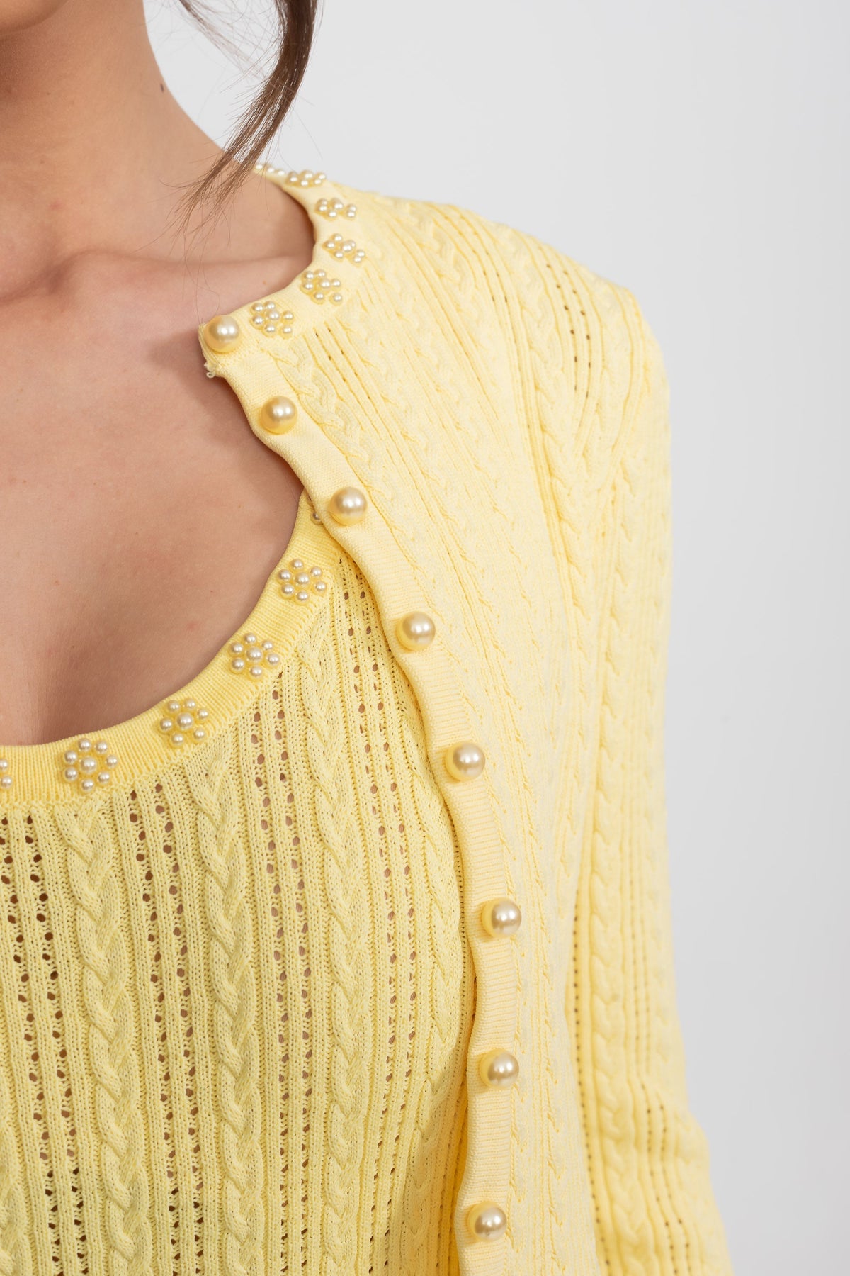 Ribbed Knit Midi Dress and Cropped Cardigan Set with Pearl Buttons – Yellow – view 11