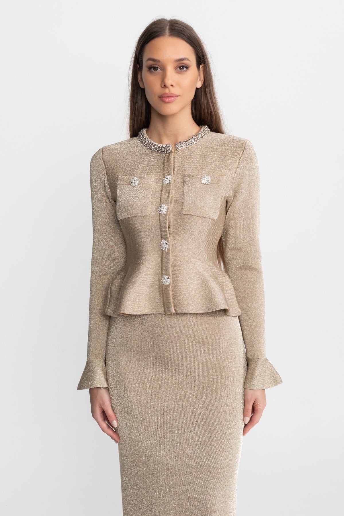 Shimmer Knit Midi Dress with Crystal Buttons and Flared Cuffs – Champagne – view 2