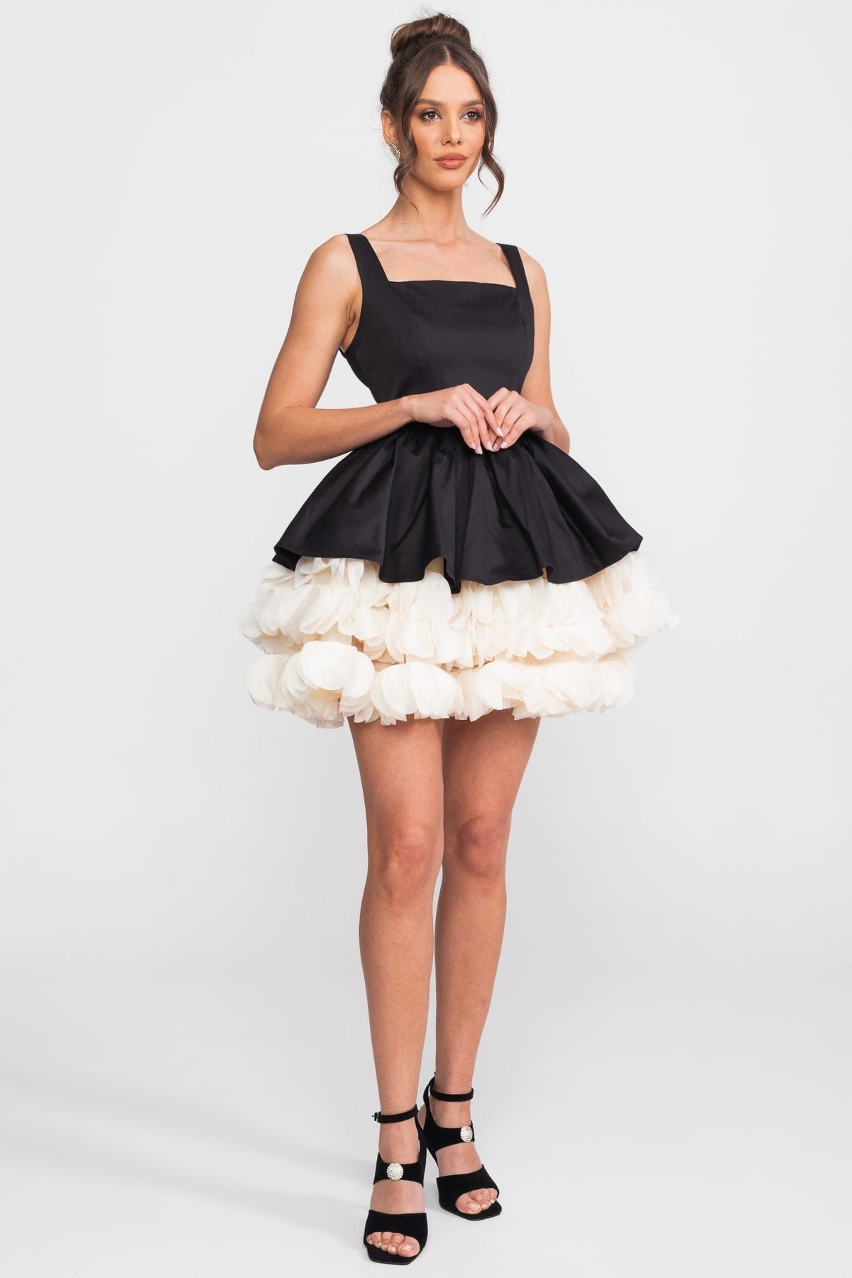 Strapless Structured Mini Dress with Organza Ruffle Underskirt – Black – view 2