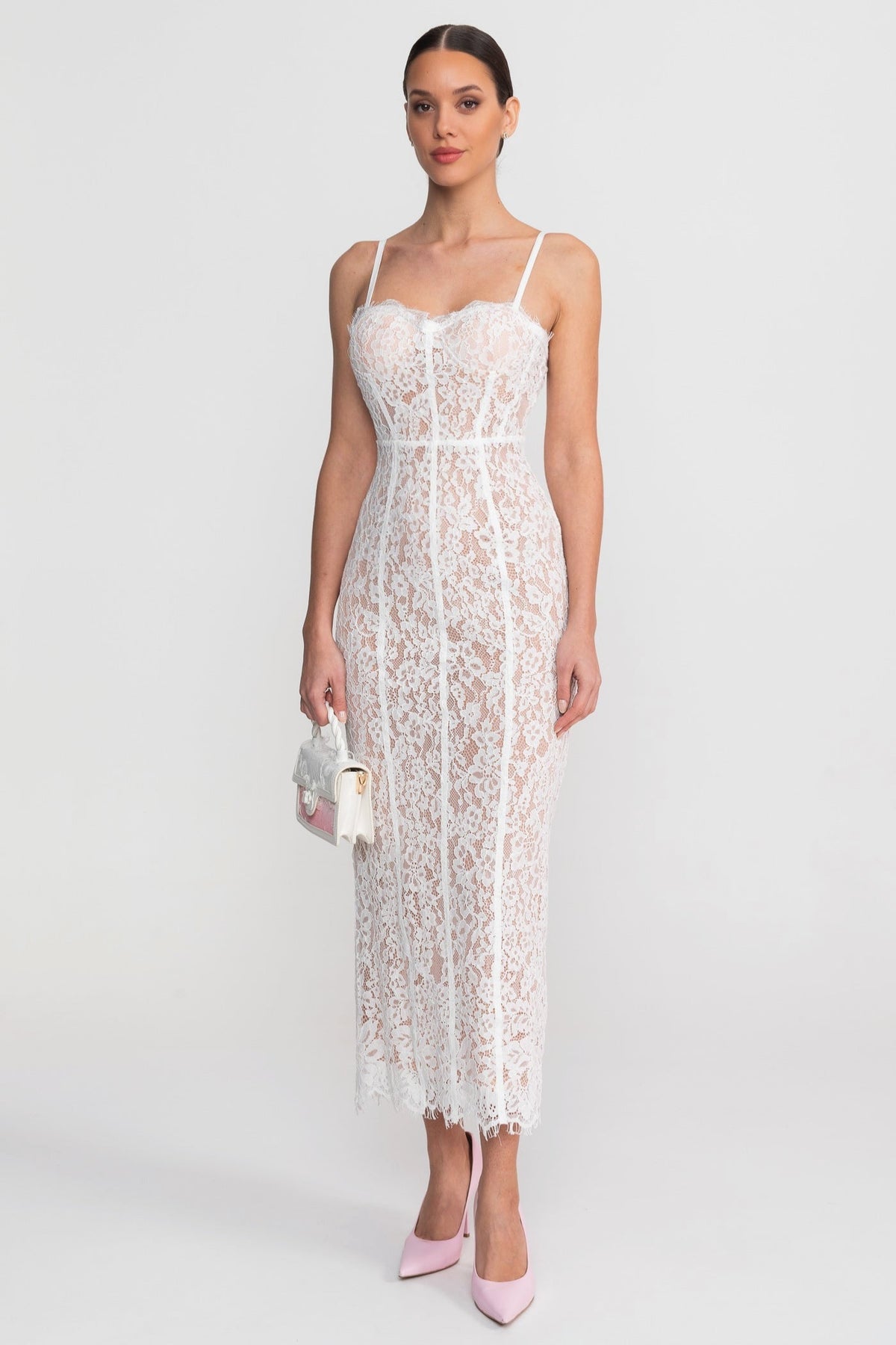 Lace Pencil Midi Dress with Sheer Corset Bodice and Sweetheart Neck – White – view 4