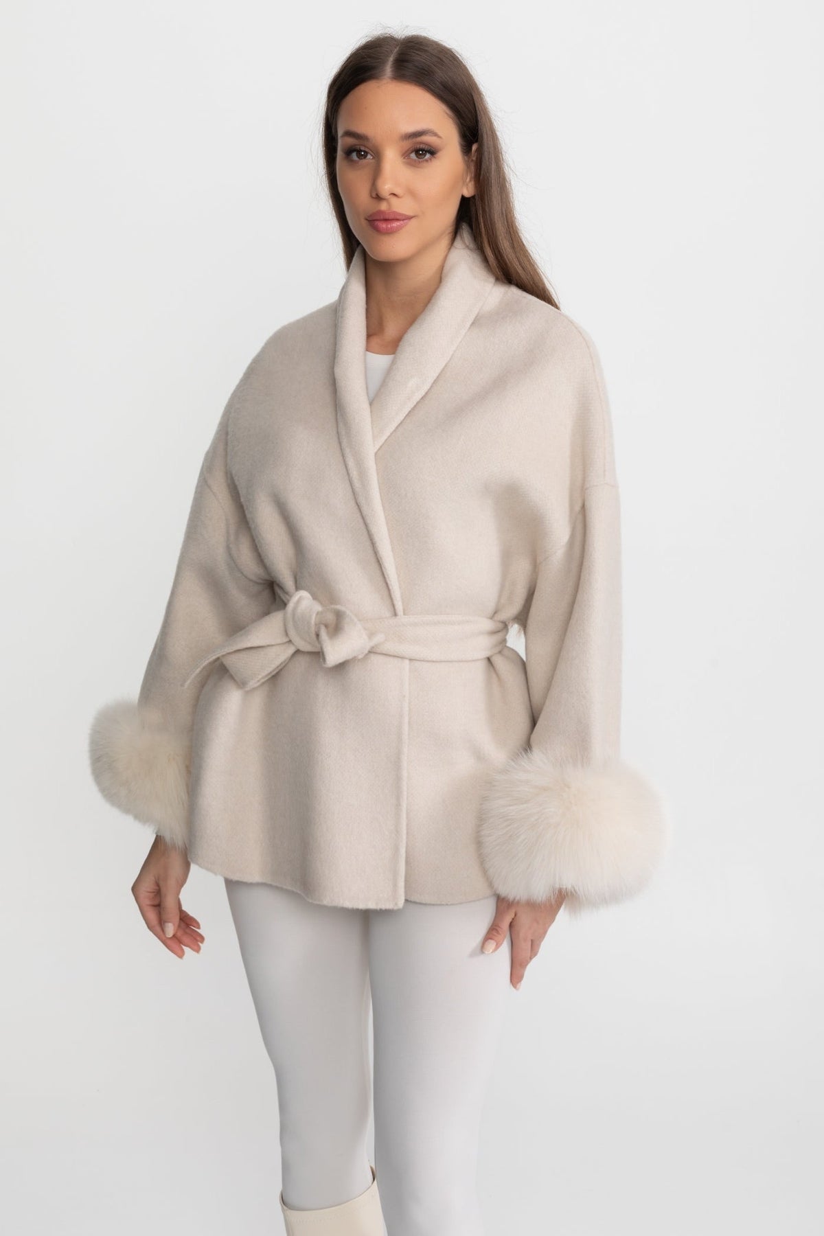 Wool Blend Wrap Jacket with Plush Cuffs – Cream – view 3
