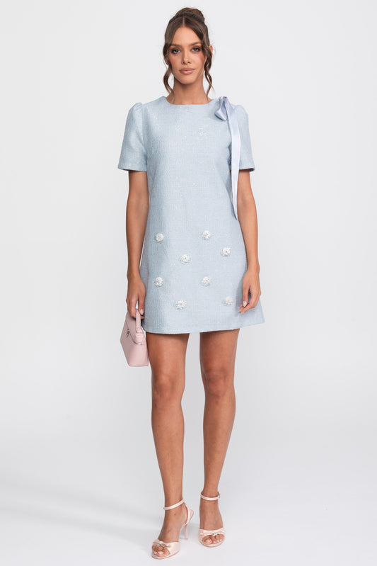 Bow Shoulder Sequin Tweed Mini Dress with Crystal Flowers – Light Blue