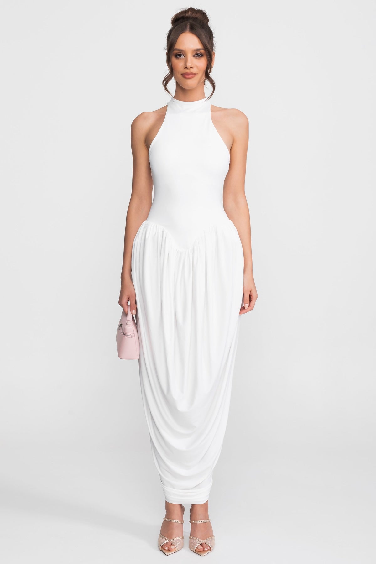 High Halter Neck Fitted Maxi Dress with Gathered Balloon Skirt – White