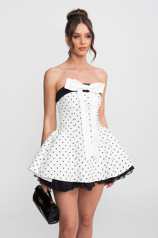 Strapless Dotted Mini Dress with Satin Bow and Organza Ruffle Hem – White – view 2