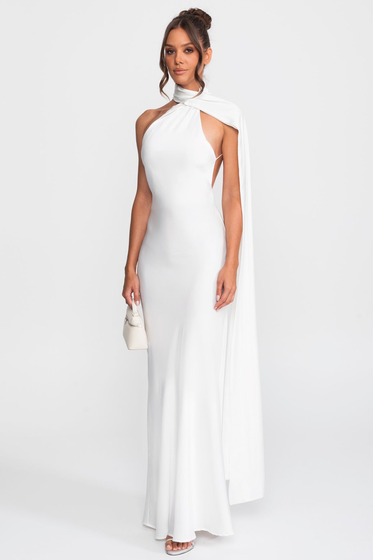 Twist Halter Satin Slip Dress with Asymmetric Neckline – White