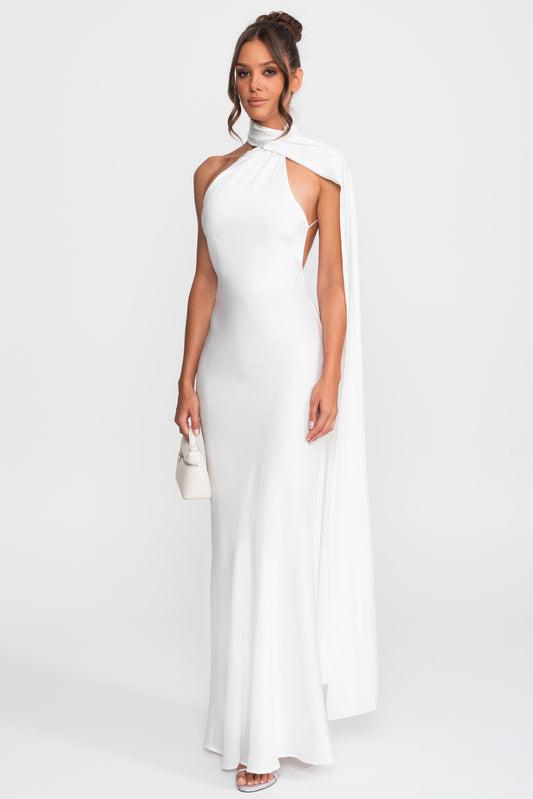 Twist Halter Satin Slip Dress with Asymmetric Neckline – White