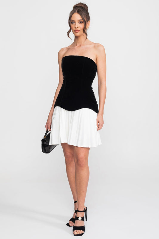 Strapless Velvet Mini Dress with Contrast Sunray Pleated Skirt – Black – view 2