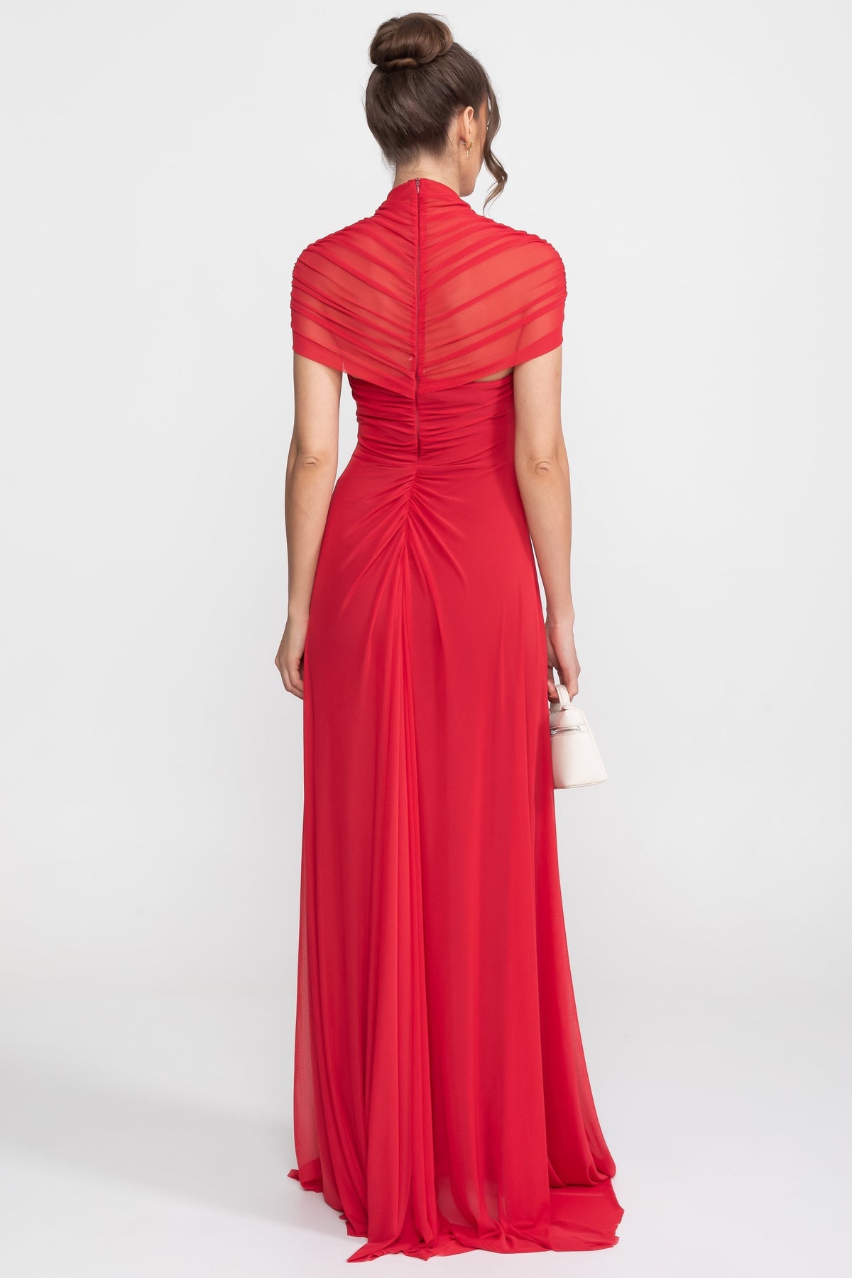 Ruched Off-the-Shoulder Cape Maxi Dress with Cut-Out Waist – Crimson – view 3