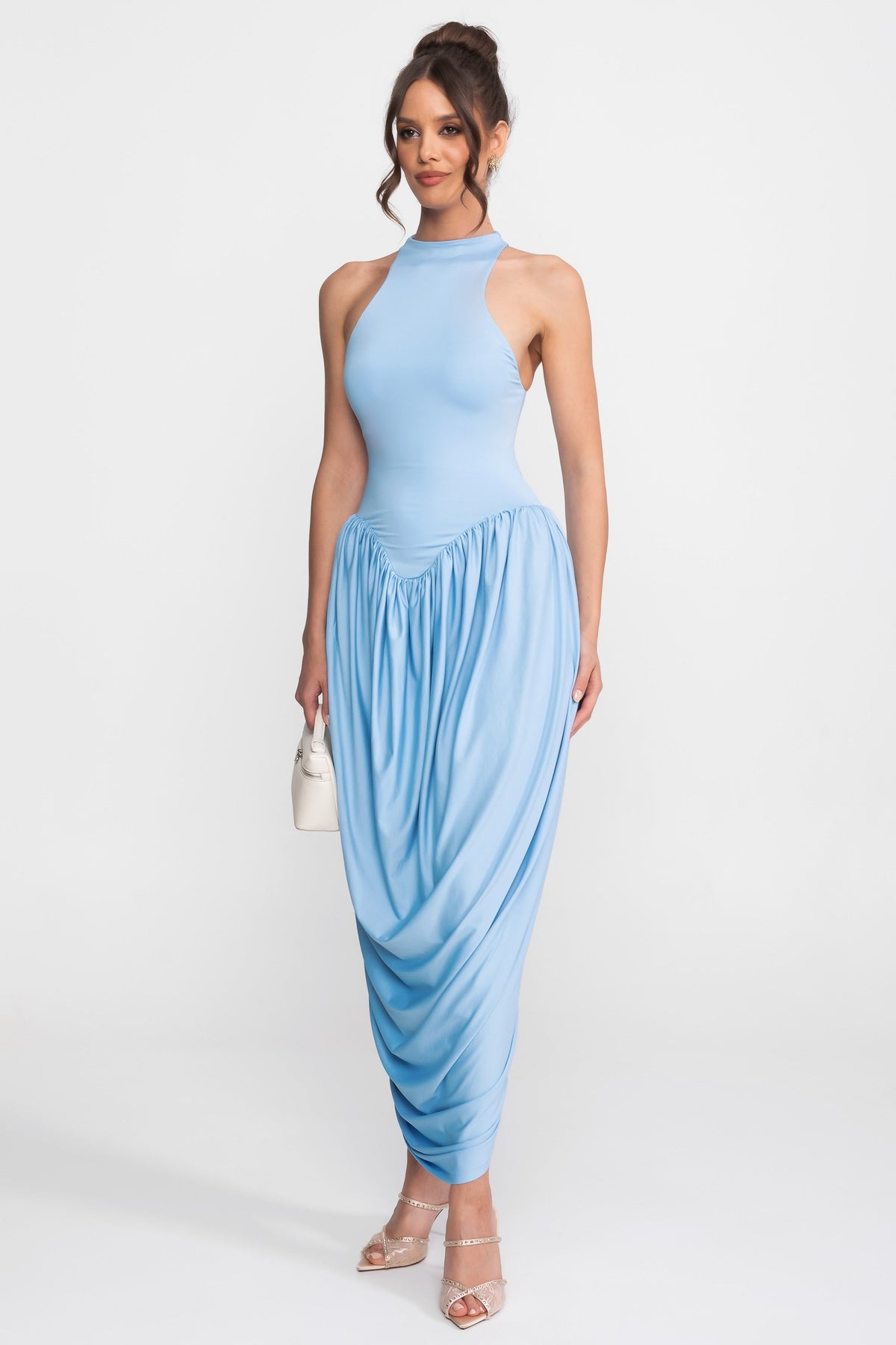 High Halter Neck Fitted Maxi Dress with Gathered Balloon Skirt – Light Blue – view 5