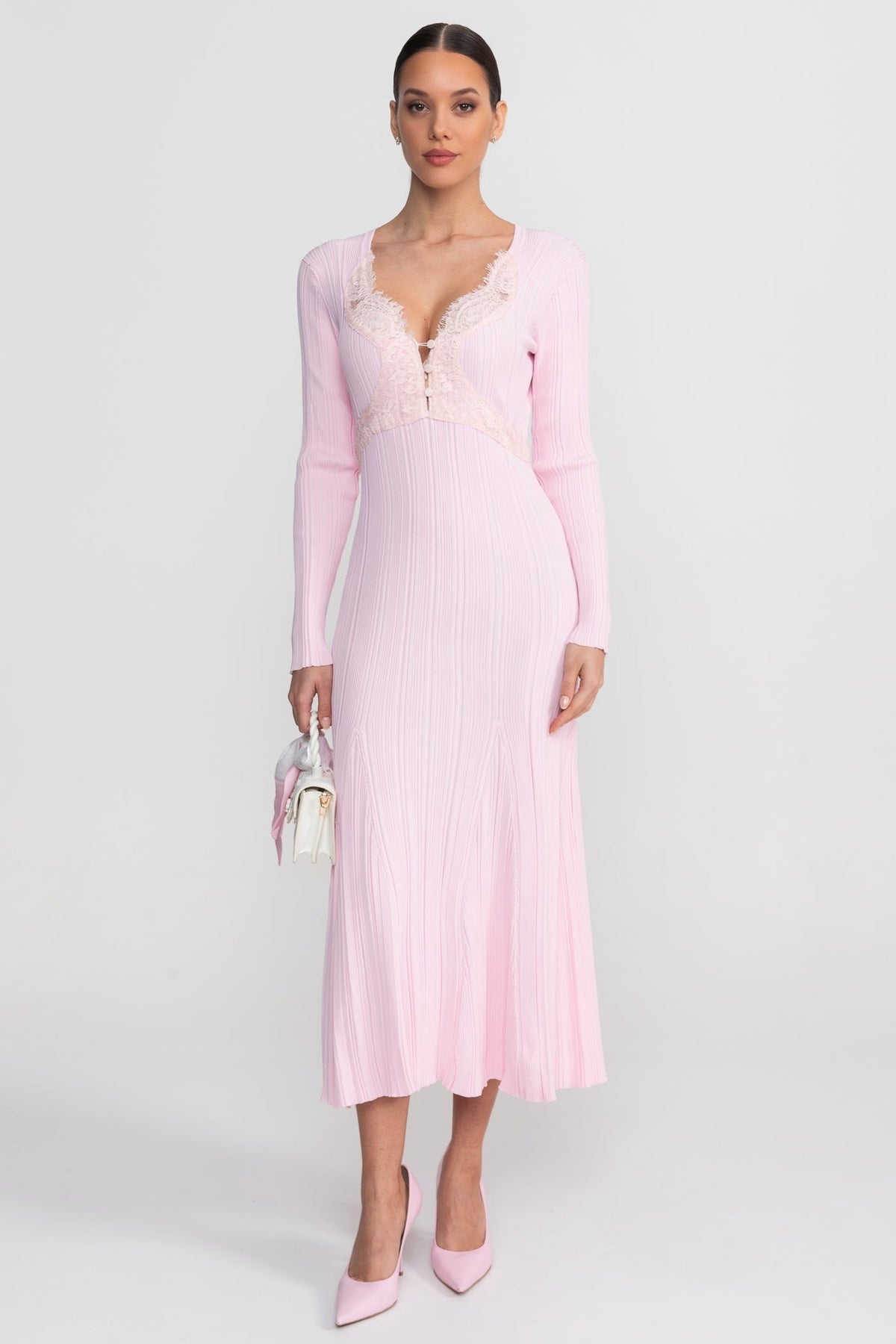 Ribbed Knit Lace Trim V-Neck Long Sleeve Midi Dress – Baby Pink
