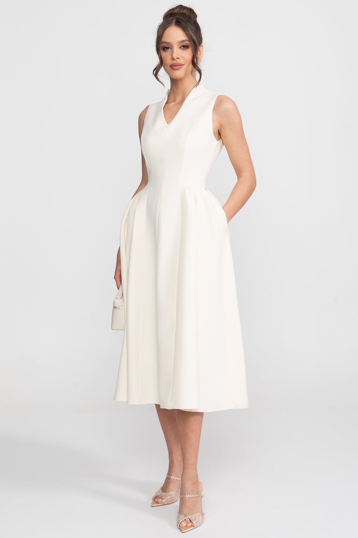 Structured Cape Shoulder V-Neck A-Line Midi Dress – Cream – view 5