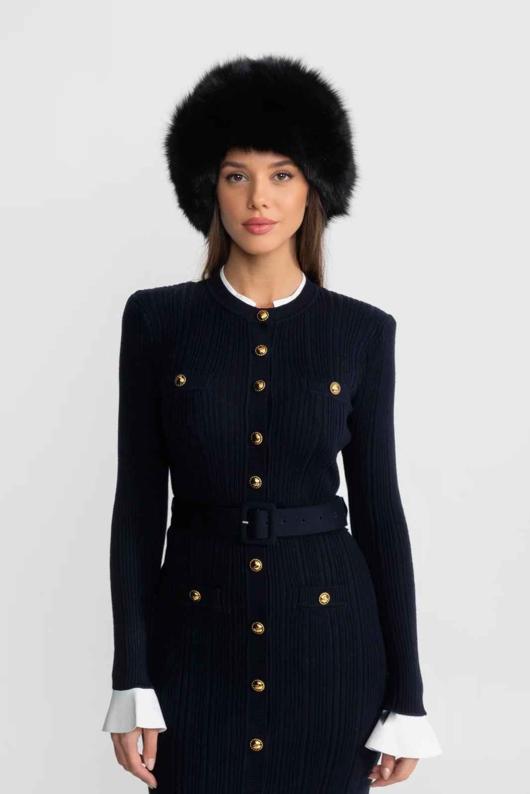 Long Sleeve Ribbed Knit Midi Dress with Gold Buttons and Belt – Dark Blue – view 3