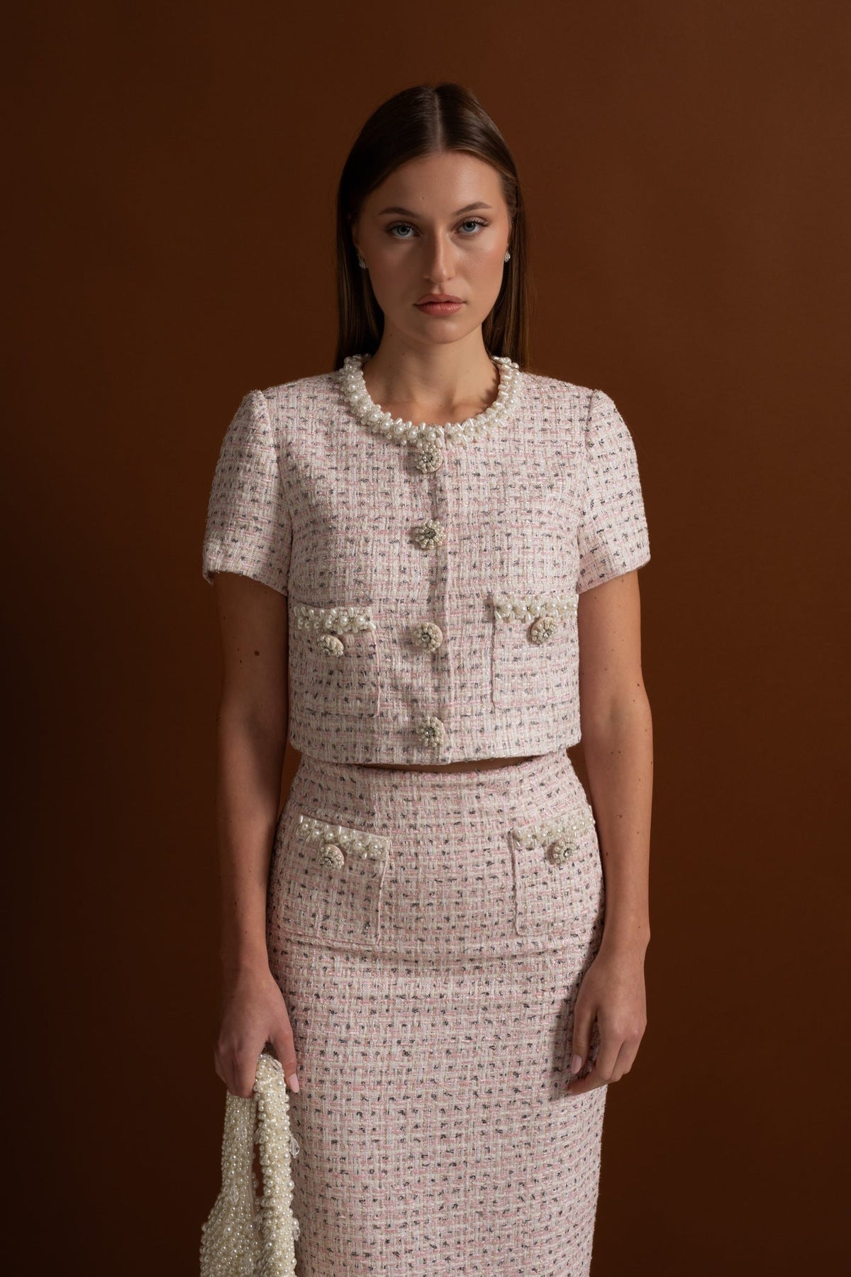 High Waisted Tweed Midi Skirt with Pearl Trim Buttons – Pink – view 8