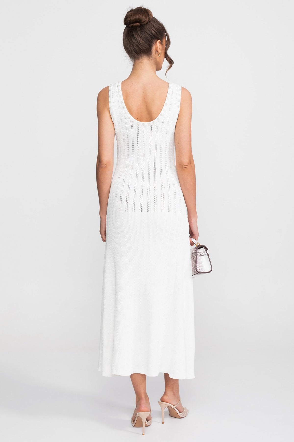 Ribbed Knit Midi Dress and Cropped Cardigan Set with Pearl Buttons – White – view 5