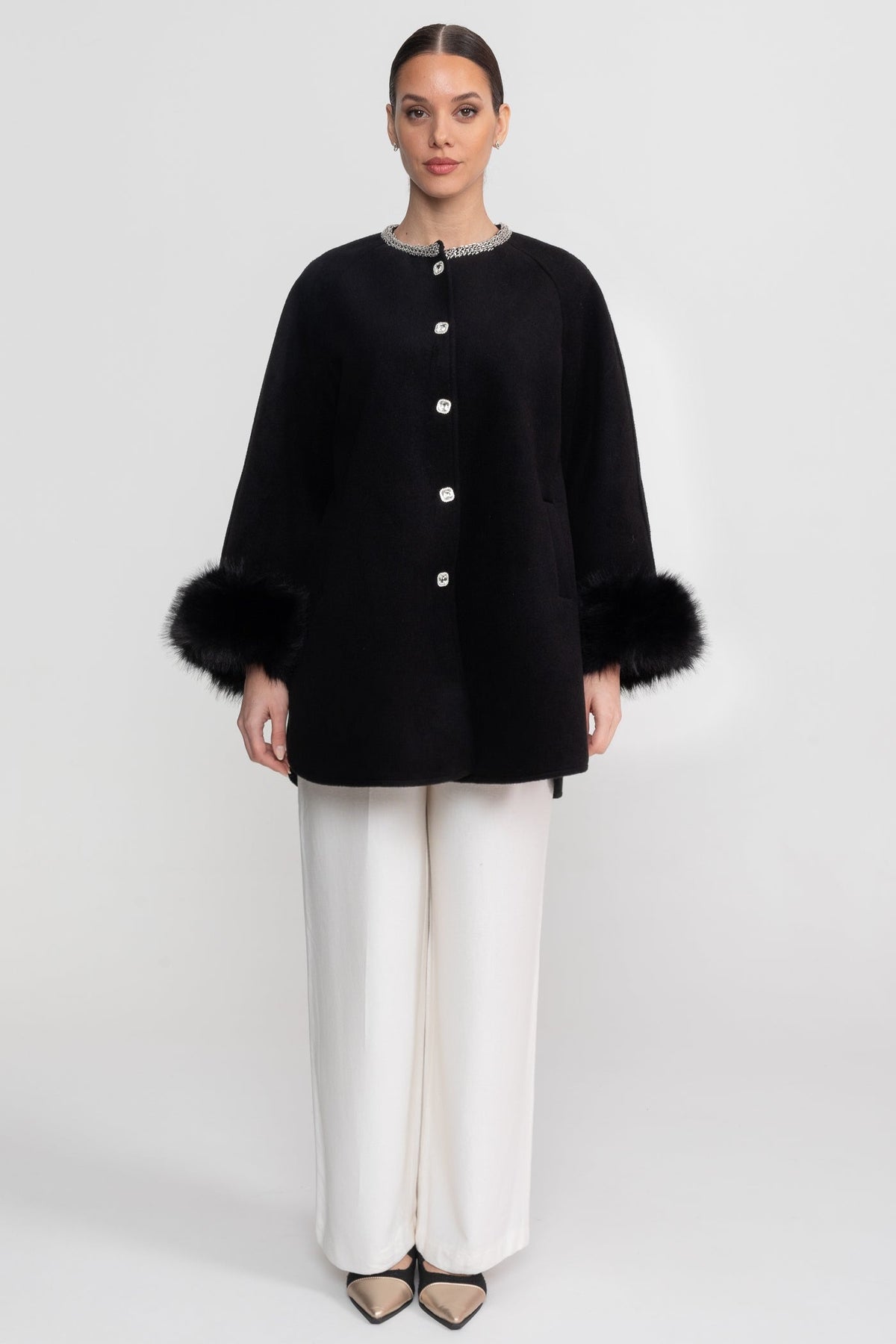 Longline Coat with Pearl Embellished Neckline and Faux Fur Cuffs – Black