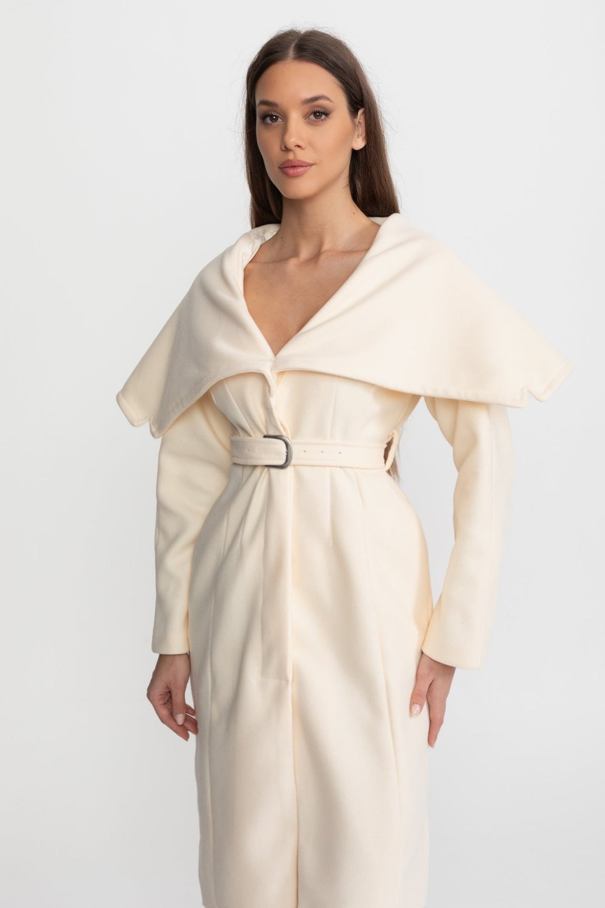 Longline Wool Blend Coat with Detachable Cape Collar and Belt – Ivory