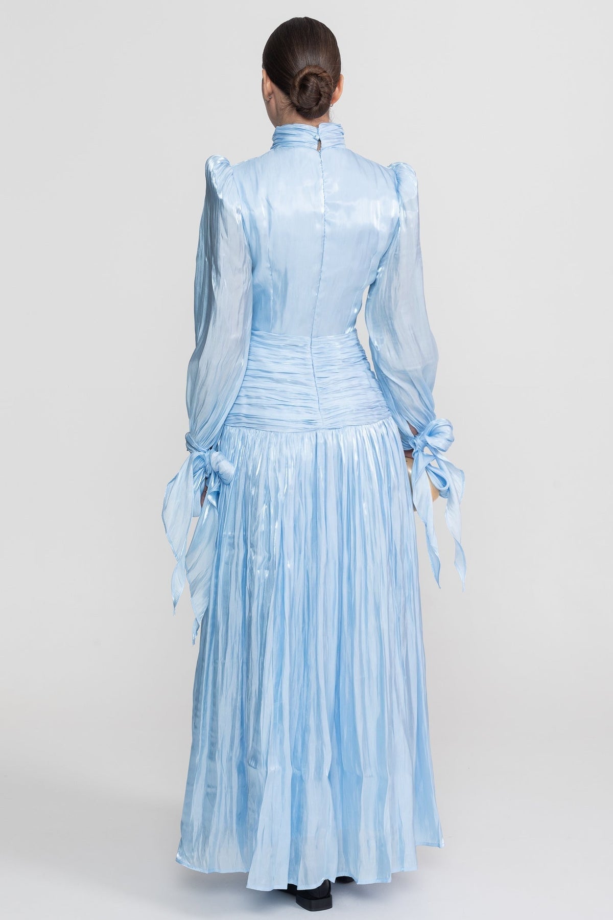 Ruched Mock Neck Long Sleeve Maxi Dress with Pleated Skirt – Sky Blue – view 7