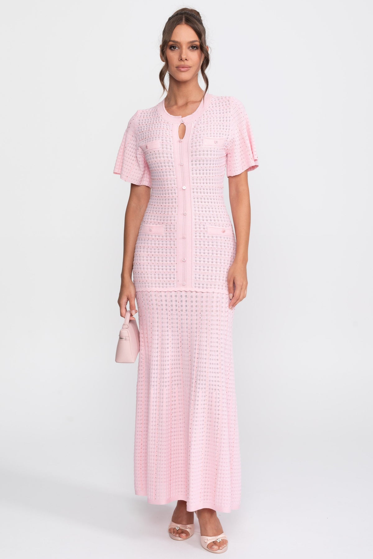 Shimmer Knit Button Front Midi Dress with Pleated Skirt – Pink