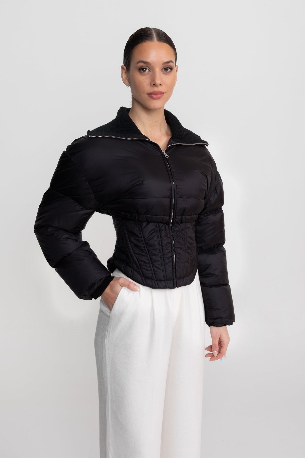 Cropped Puffer Jacket with Corset Waist and Stand Collar – Black