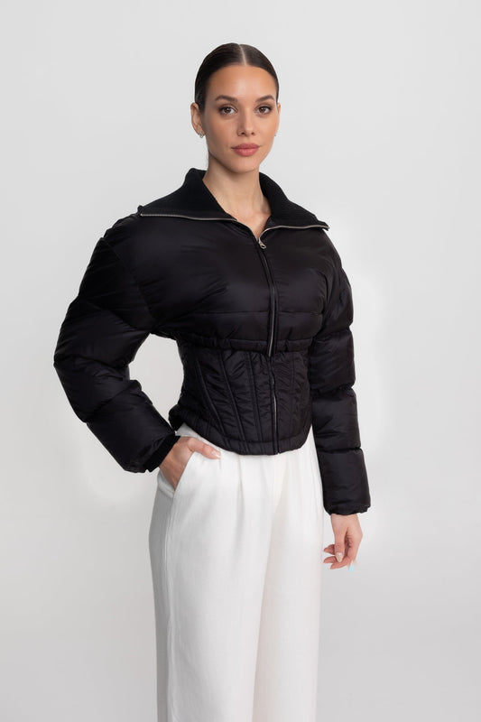 Cropped Puffer Jacket with Corset Waist and Stand Collar – Black