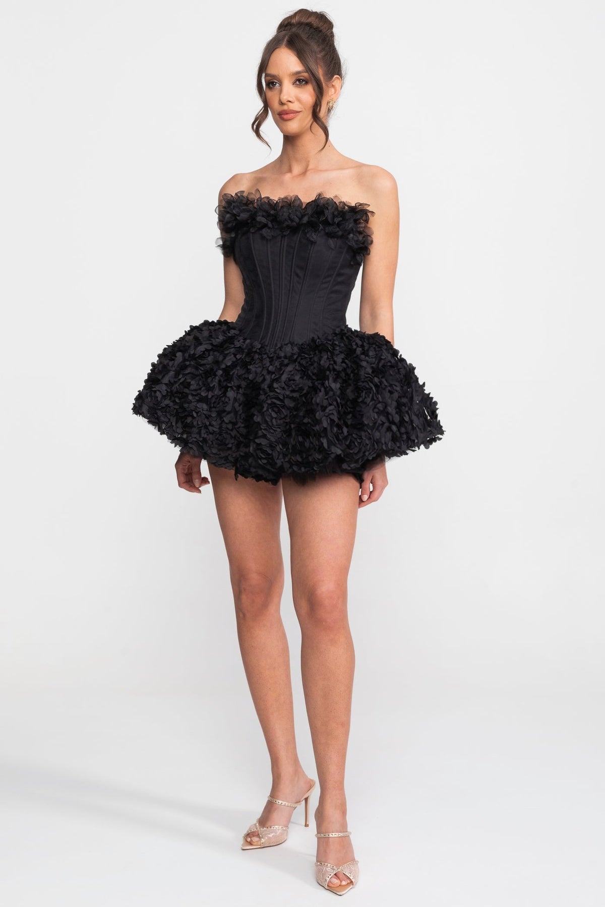 Strapless Boned Corset Mini Dress with 3D Rose Appliqué Skirt – Black – view 1