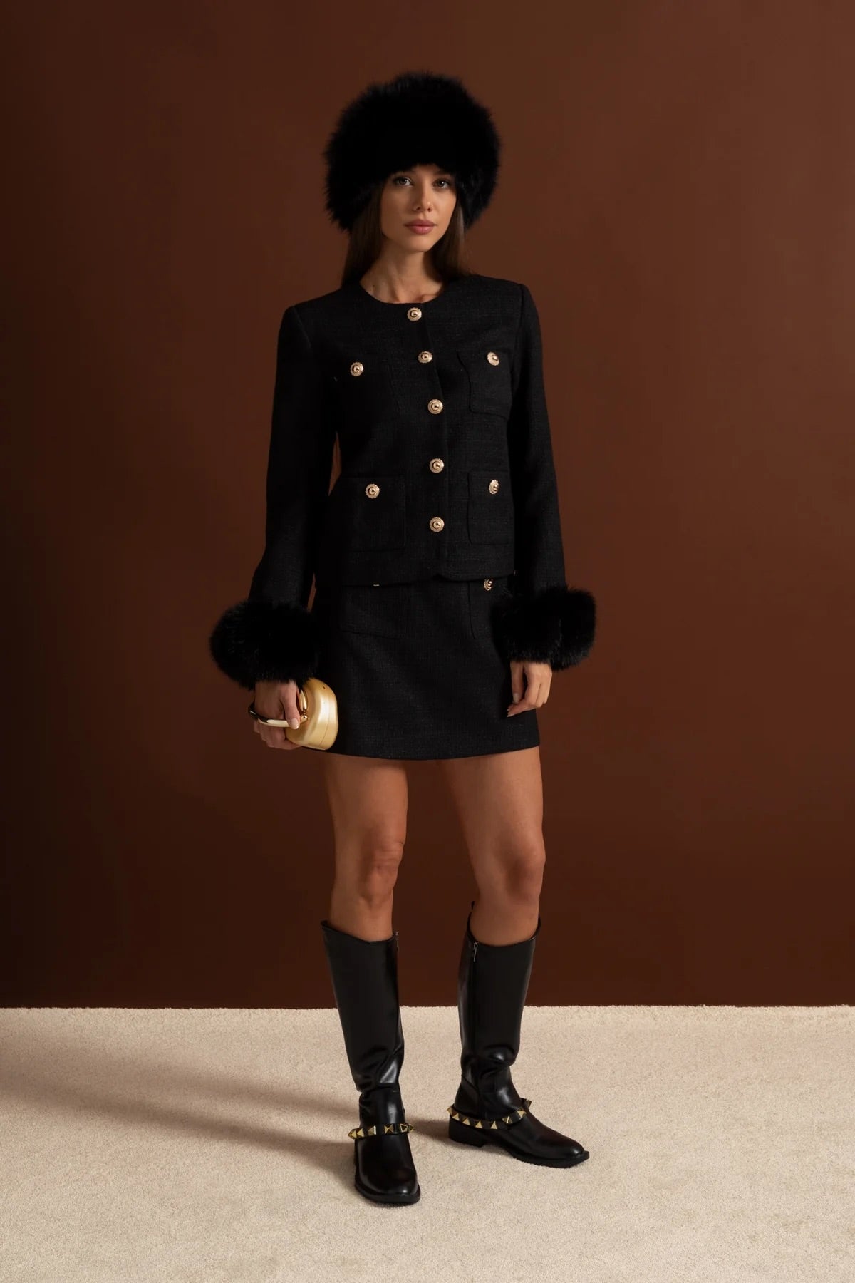 Round Neck Tweed Blazer with Faux Fur Cuffs and Gold Buttons – Black – view 5
