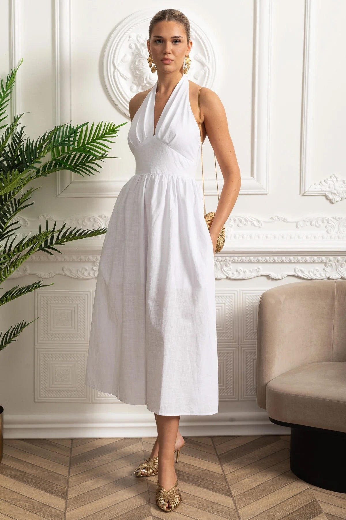 Plunging Halterneck Midi Dress with A-Line Gathered Skirt – White – view 2